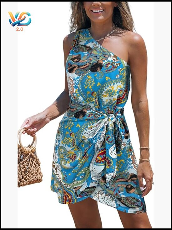 Dresses & Skirts - One Shoulder Leaf Print Self-tie Short Dress Sleeveless Tiered Hem